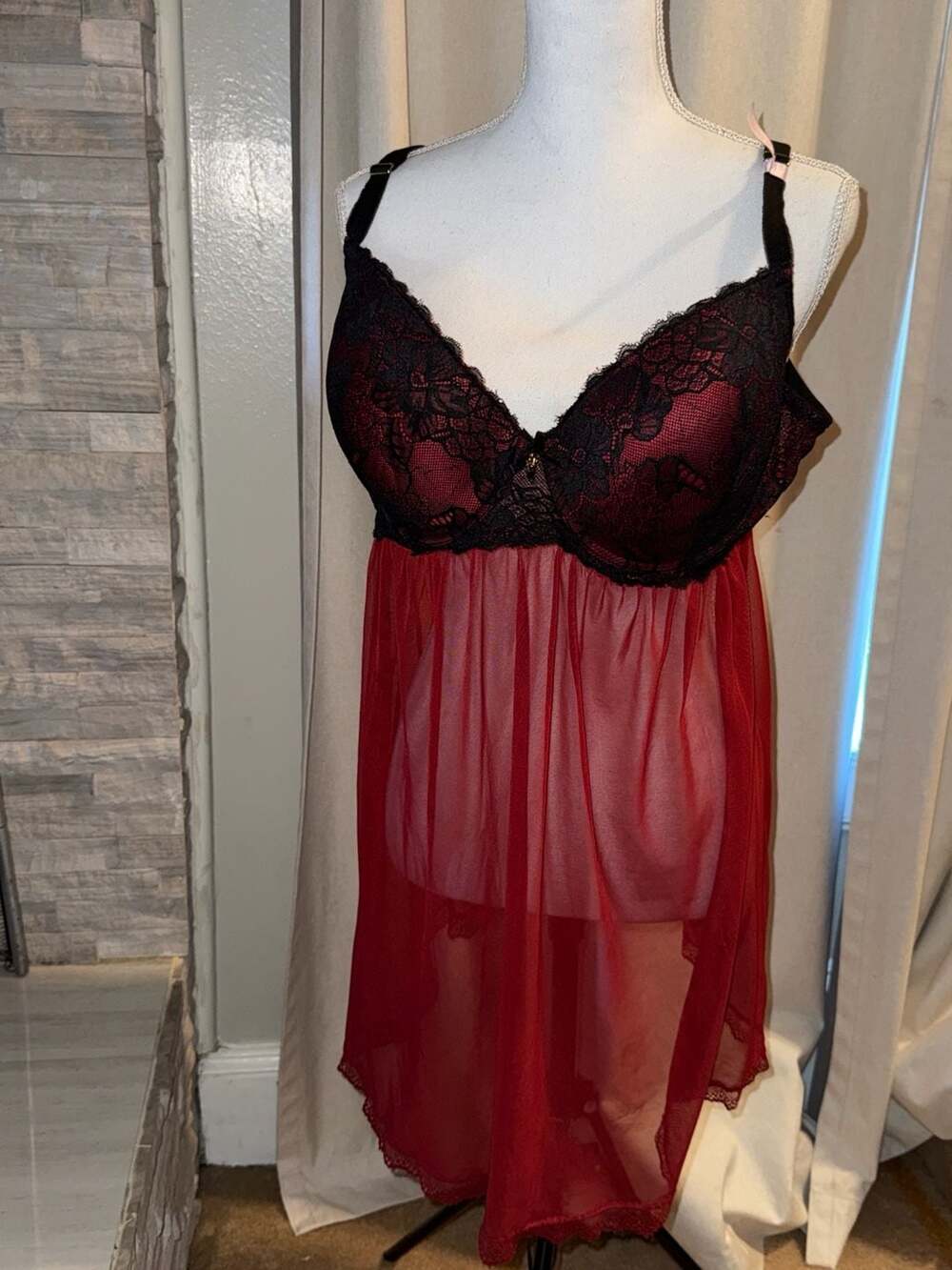 Daisy Fuentes Babydoll Size 2X Red Black Lace Mesh Lingerie Dress